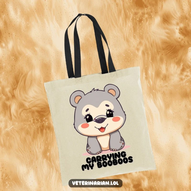 Funny bear cub tote bag with a curious cub wearing a nose bandage and smiling bravely, excellent for everyday use and humor.