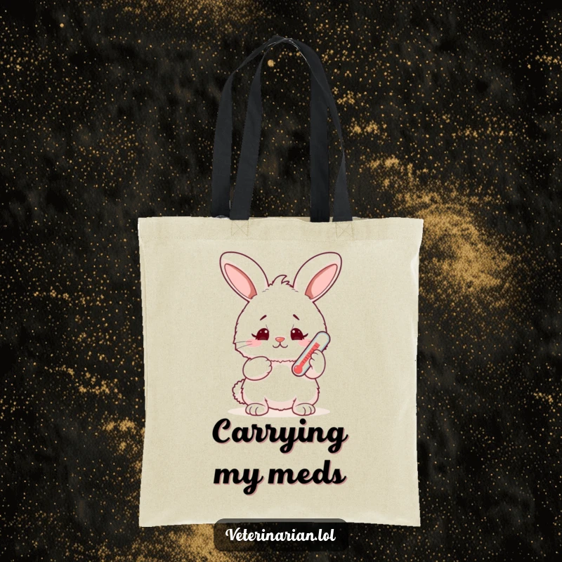 Funny fluffy bunny tote bag, a rabbit holds a thermometer with a worried but happy face, a humorous accessory for carrying essentials.