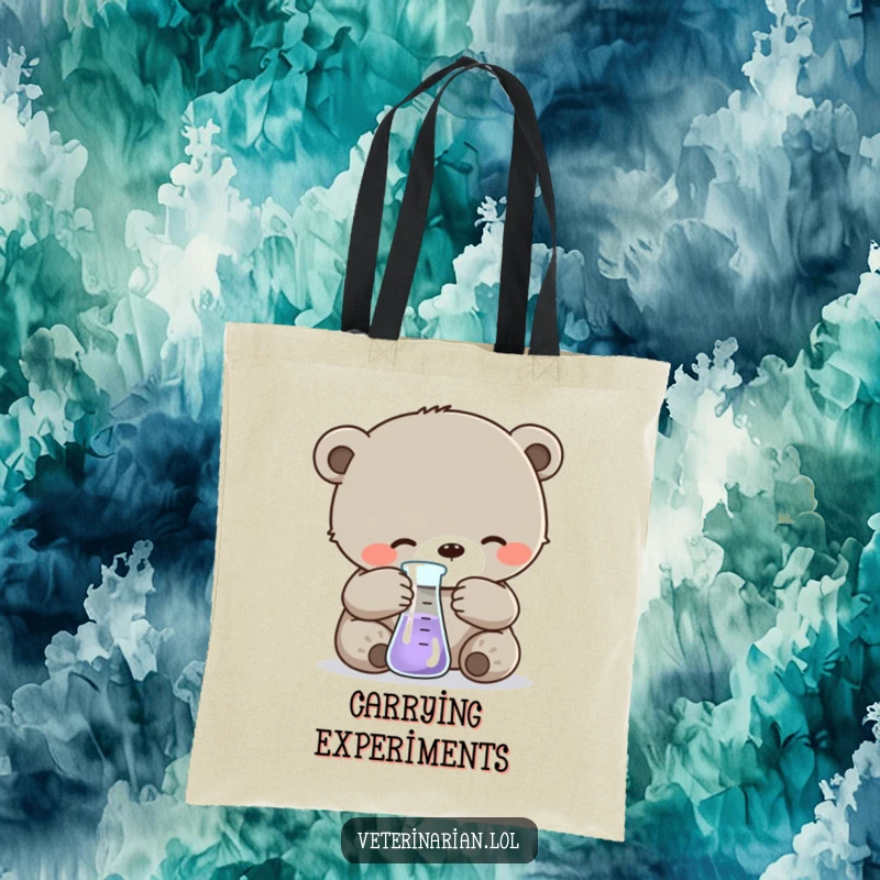 Funny tote bag depicting a gentle bear cub meticulously measuring liquid in a beaker, perfect for carrying lab essentials with a touch of humor.