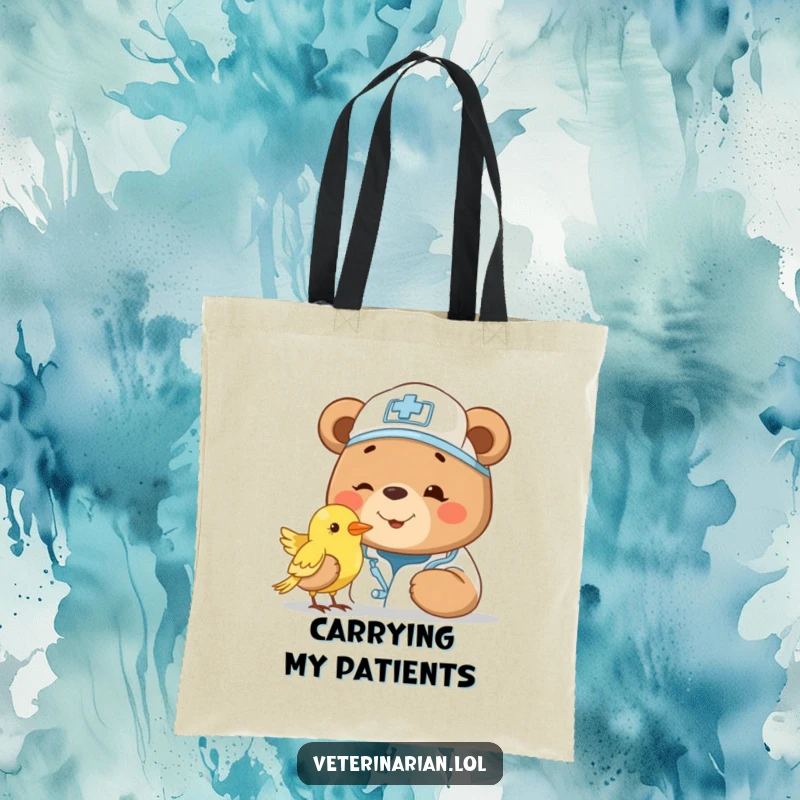 Funny bear vet tote bag, featuring a smiling bear doctor with a cap, gently examining a small bird. Practical and heartwarming.