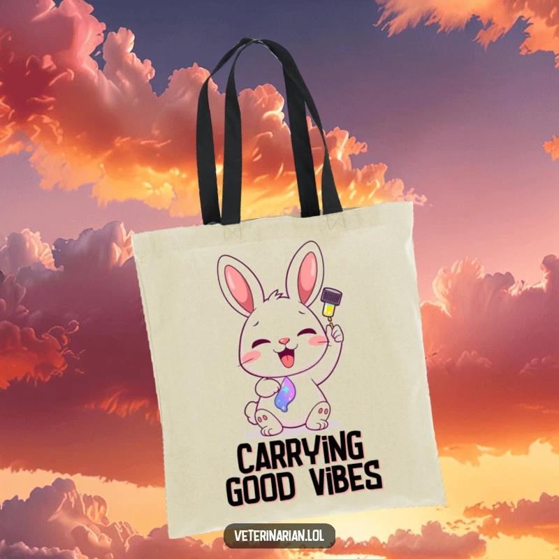 Funny tote bag featuring a delighted cartoon bunny administering a colorful, sparkling liquid from a dropper.