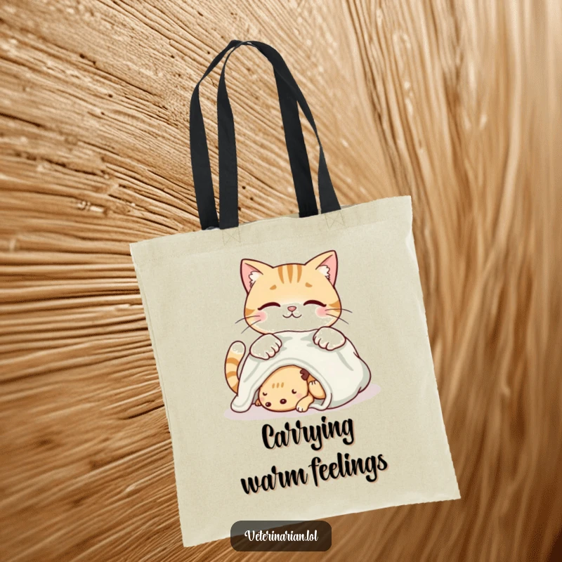Funny smiling cat tote bag with a cat placing a soft blanket on a resting creature, showing loving care.