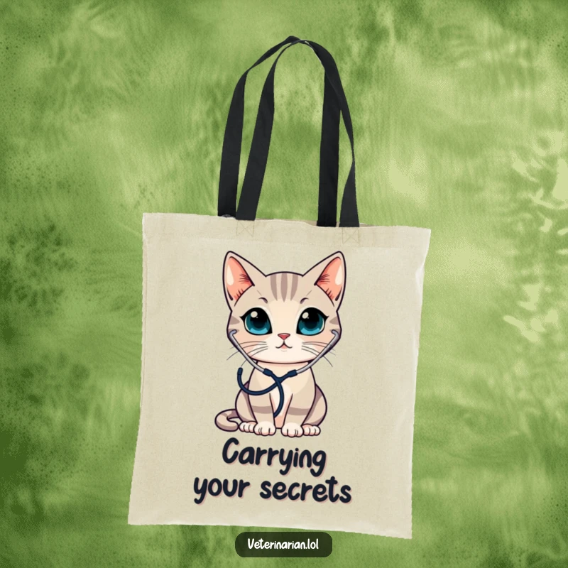 Funny tote bag with a sleek cat wearing a stethoscope, attentively listening, ideal for carrying everyday items with sophistication.