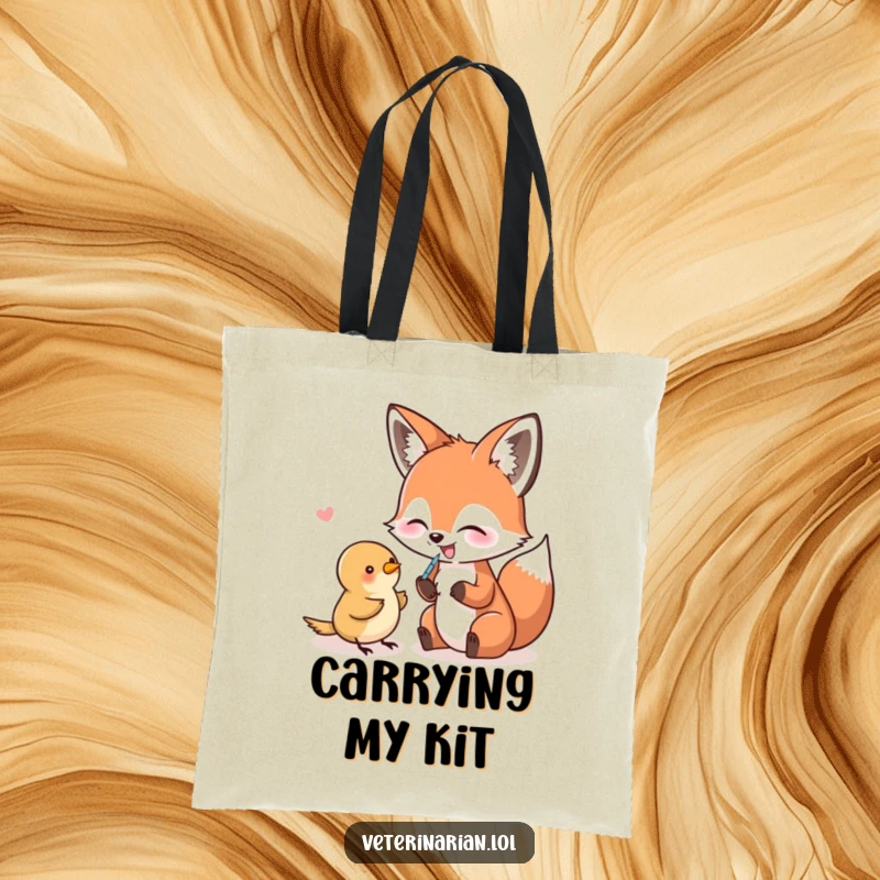Funny Tote Bag featuring a giggling fox pretending to give a bird a shot, perfect for carrying everyday items with flair.