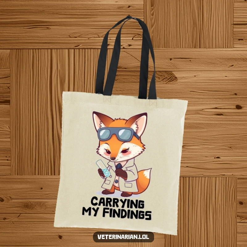 Funny tote bag illustration of a fox in a lab coat carefully examining a tiny, sparkling test tube.