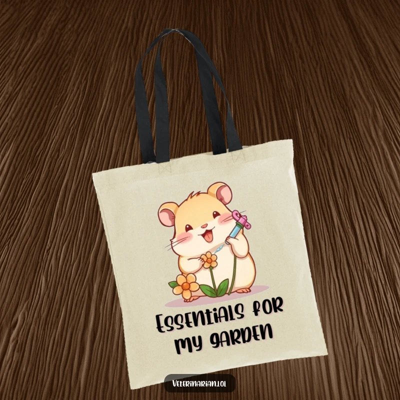 Funny hamster carefully tending a wilting flower with a tiny syringe on a tote bag, funny gift.