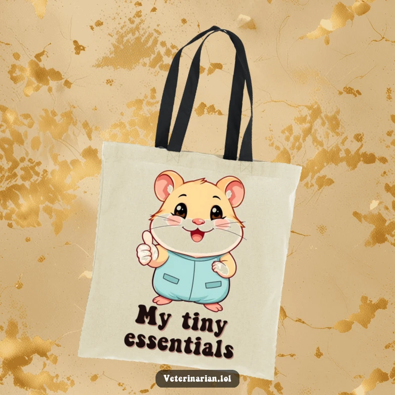 Funny tote bag with a smiling hamster in tiny scrubs giving a cheerful thumbs-up, ideal for carrying everyday items.