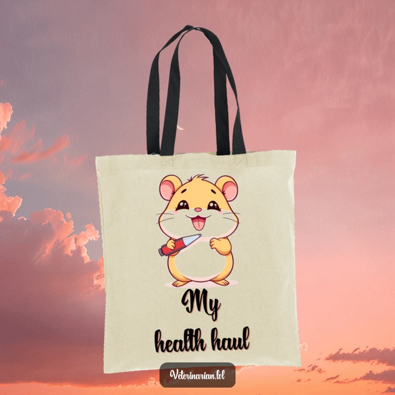 Funny Hamster Tote Bag: Cheerful cartoon hamster holding a thermometer to its cheek, indicating illness, great for carrying essentials with humor, funny gift.