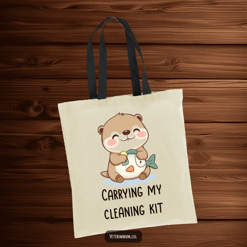 Funny tote bag showing a joyful otter character cleaning a toy fish with a sponge, perfect for carrying essentials humorously.