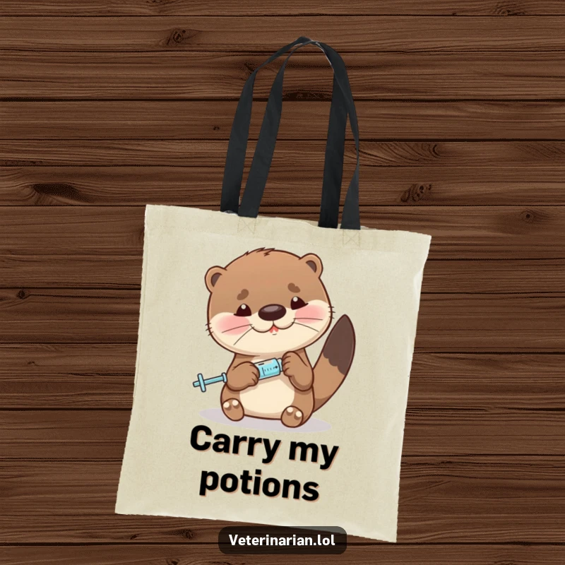 Funny otter tote bag featuring a character precisely measuring liquid with a tiny syringe, perfect for accurate carrying.
