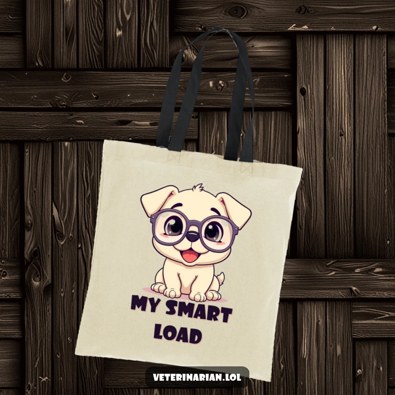 Funny tote bag illustration of a happy puppy wearing oversized prescription glasses, looking up inquisitively.
