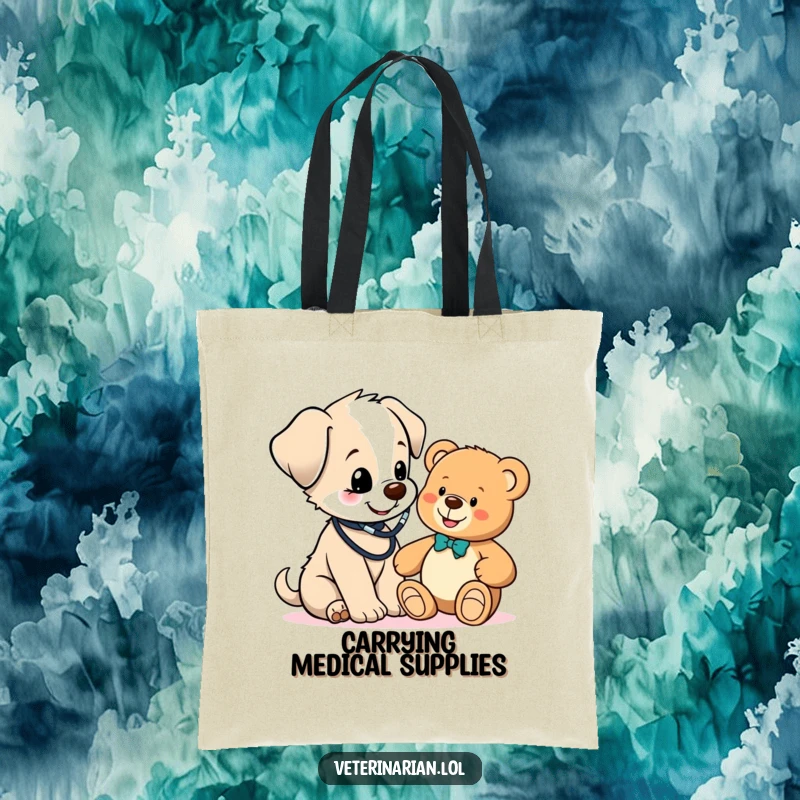 Funny cute puppy vet tote bag, a puppy doctor with stethoscope checks a teddy bear, a humorous and practical accessory for carrying items.
