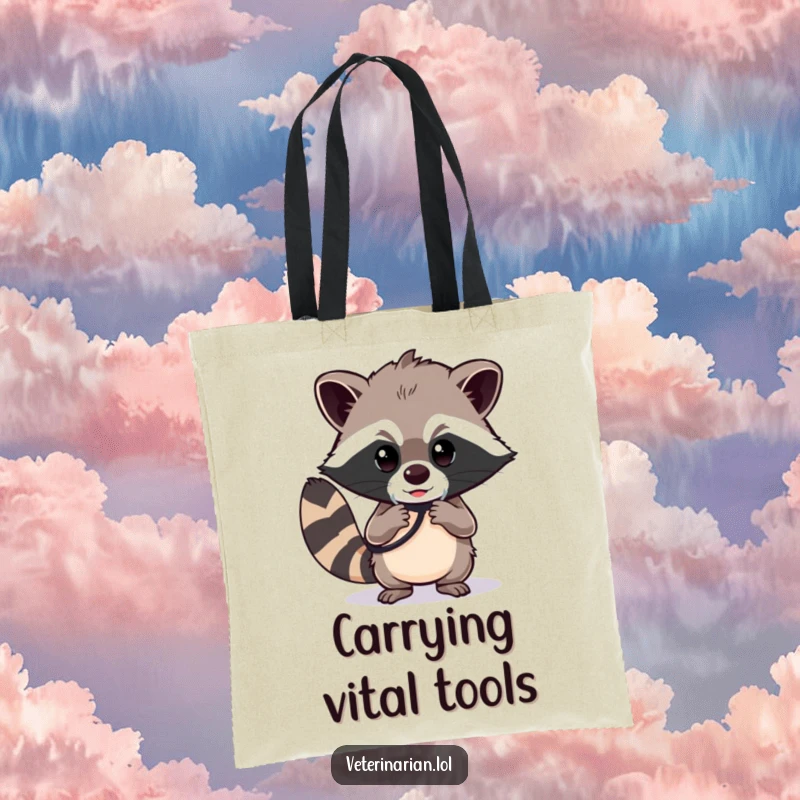 Funny raccoon doctor tote bag, a determined raccoon polishing a stethoscope with a focused gaze, functional and humorous.
