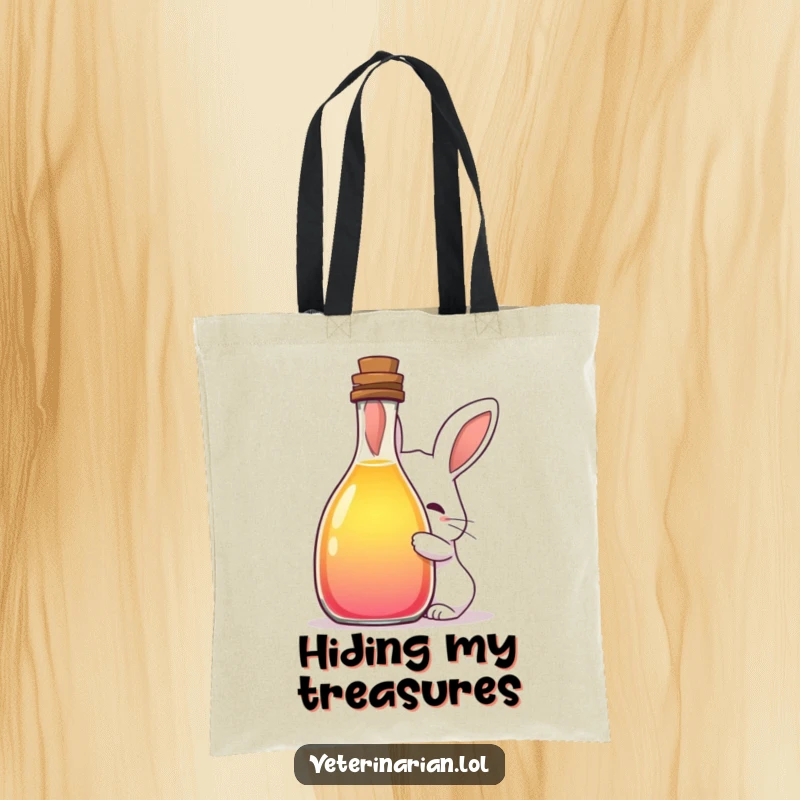 Funny tote bag with a shy rabbit peeking from behind a large, colorful liquid bottle, perfect for carrying items with a touch of whimsical secrecy.