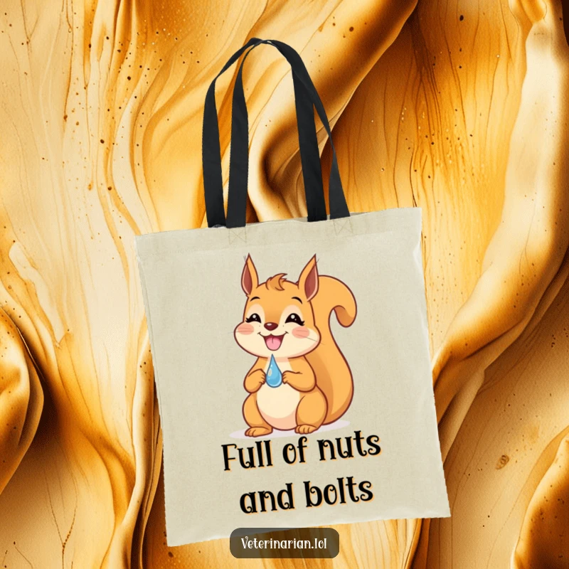 Funny Squirrel Dropper Tote Bag: A tote bag featuring a happy, grinning squirrel balancing a small dropper on its nose with precision.