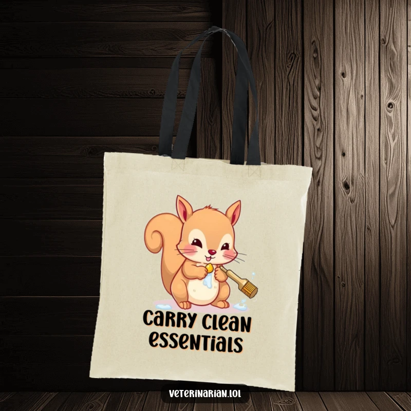 Funny squirrel tote bag featuring a character diligently scrubbing paws, ideal for carrying items with a clean theme.