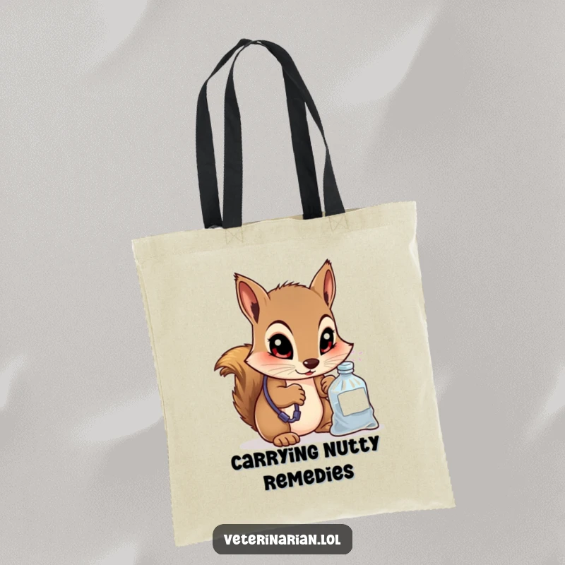 Funny tote bag showing a curious squirrel vet peering into a small medicine bag with wide, knowing eyes, ideal for carrying remedies.