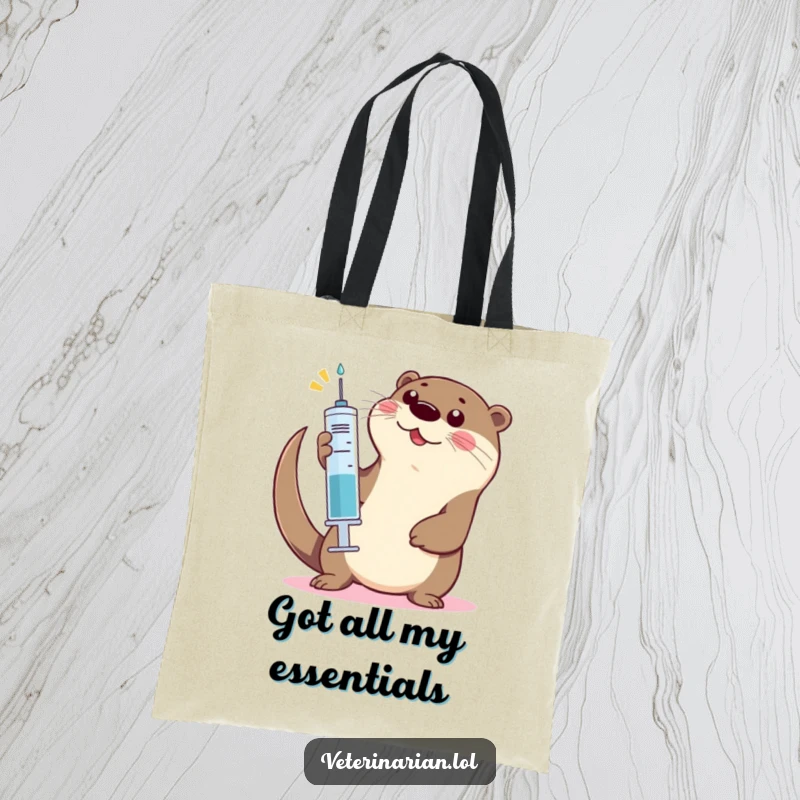 Funny Otter High-Five Tote Bag: A tote bag featuring an otter enthusiastically giving a high-five with a large syringe.