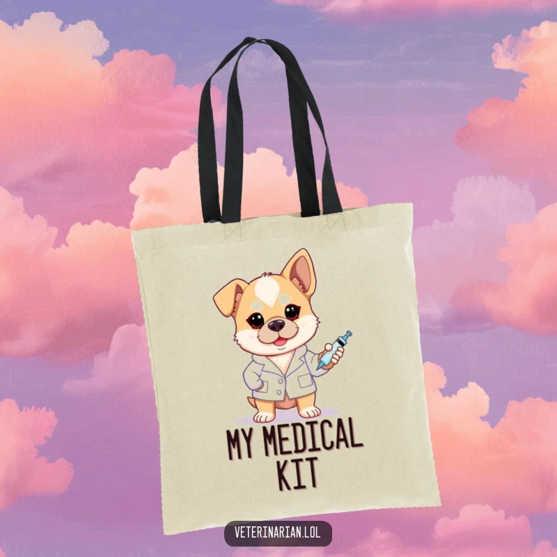 Funny brave dog vet tote bag showing a dog in a white coat holding a syringe with a determined look.